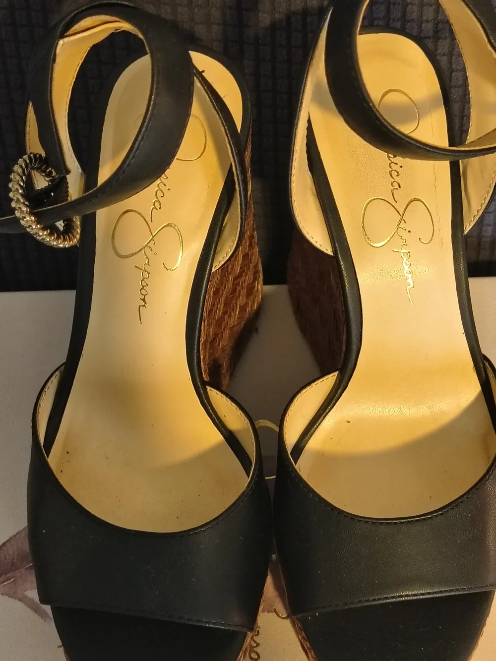 Jessica Simpson Black Leather Wedge Sandals with Braided Brown Platform